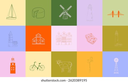 Collection of world landmarks icons. World cities and countries. Travel, food, famous buildings. Simple lifestyle symbols. Editable vector illustration.