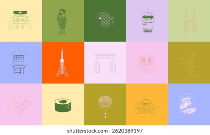 Collection of world landmarks icons. World cities and countries. Travel, food, famous buildings. Simple lifestyle symbols. Editable vector illustration.