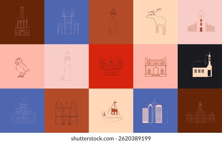 Collection of world landmarks icons. World cities and countries. Travel, food, famous buildings. Simple lifestyle symbols. Editable vector illustration.