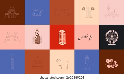 Collection of world landmarks icons. World cities and countries. Travel, food, famous buildings. Simple lifestyle symbols. Editable vector illustration.
