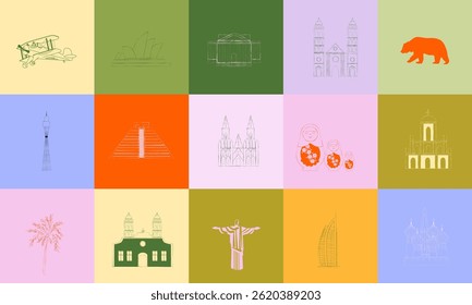 Collection of world landmarks icons. World cities and countries. Travel, food, famous buildings. Simple lifestyle symbols. Editable vector illustration.
