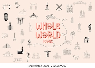 Collection of world landmarks icons. World cities and countries. Travel, food, famous buildings. Simple lifestyle symbols. Editable vector illustration.