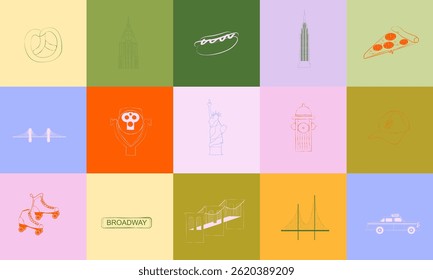 Collection of world landmarks icons. World cities and countries. Travel, food, famous buildings. Simple lifestyle symbols. Editable vector illustration.