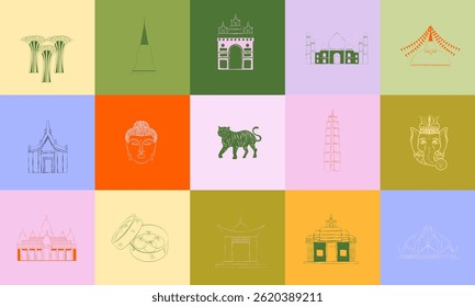 Collection of world landmarks icons. World cities and countries. Travel, food, famous buildings. Simple lifestyle symbols. Editable vector illustration.