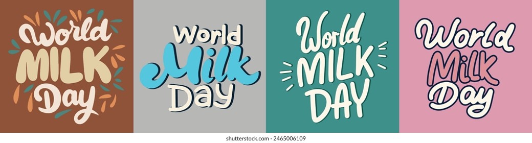 Collection of World Milk Day text banner square composition. Hand drawn vector art.