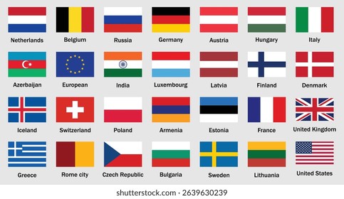 Collection of world national flags with country names. World country flags set. Set of international country flags. including USA, UK, India, Germany, France, and others. Vector illustration.
