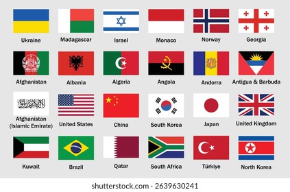 Collection of world national flags with country names. World country flags set. Set of world country flags including USA, China, UK, Japan, South Korea, Brazil, and others. Vector illustration.
