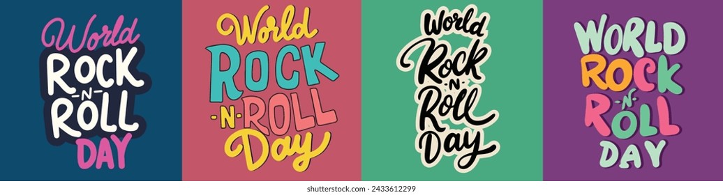 Collection of World Rock n Roll Day text banners in color square composition set. Hand drawn vector art.