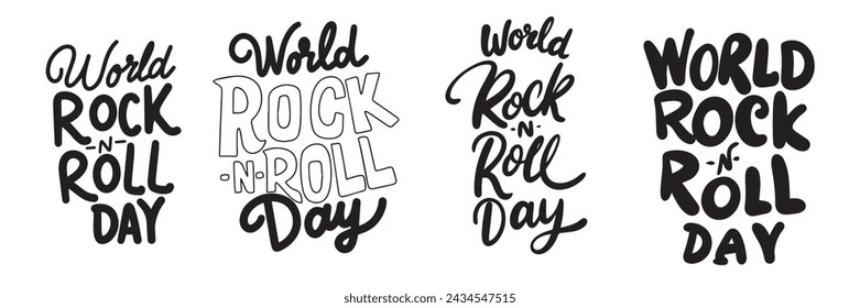 Collection World Rock n Roll Day text banner handwriting in black color. Hand drawn vector art