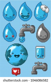 Collection of World water day elements in pixel art.