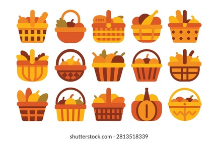 Collection of woven baskets overflowing with fresh harvest produce like apples, pears, and grapes, symbolizing autumn bounty.