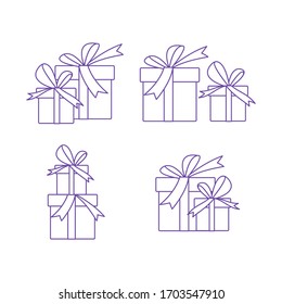 Collection of wrapped christmas gifts with bows. Tradition gifts set in outline style. Christmas gifts icons set for boxing day, isolated on white background. Vector illustration eps 10.