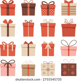 A collection of wrapped gift boxes in various colors and patterns