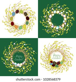 Collection.The wreath of young willow branches. The composition is decorated with beautiful Easter eggs. Symbol of spring and Easter. Vector illustration set.