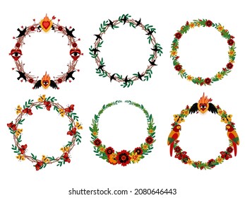 Collection wreaths with flowers and butterflies, birds and leaves