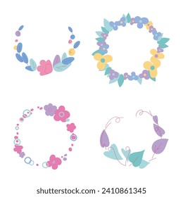 Die Sammlung von Kränen. Rahmen mit botanischer Komposition. Blumen und Blätter. Minimalismus. Wohnung. Vektorgrafik, einzelne Objekte auf weißem Hintergrund.