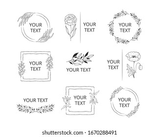 Collection of wreaths, frames and borders for elegant design. Hand drawn wedding set with branding logos and monograms with floral branches, flowers and herbs.