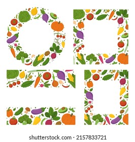 Collection of wreaths and frames with fresh vegetables. Organic food. Gardening or farming concept. Design for logo, print, packaging, card, poster. Flat vector illustration on white background.