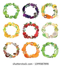 Collection of wreaths from various vegetables and fruits. Vector illustration on white background.