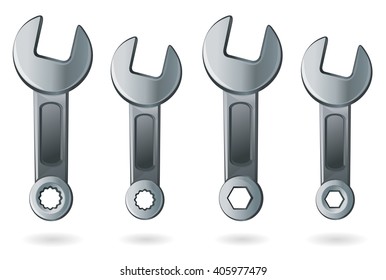 Collection of wrenches isolated on white background. Set tool equipment. Vector illustration