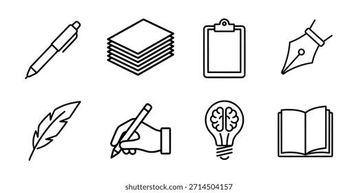 Una colección de iconos de escritura y creatividad con una pluma, pila de papel, Portapapeles, pluma, escritura a mano, bombilla de ideas y libro abierto.