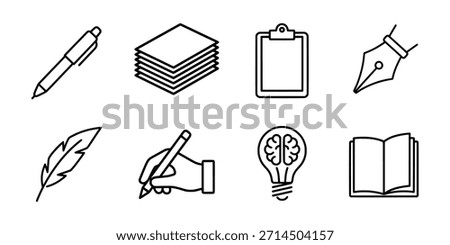 A collection of writing and creativity icons featuring a pen, paper stack, clipboard, quill, hand writing, idea bulb, and open book.
