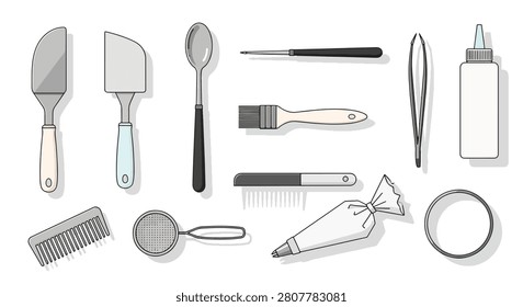 Collection of writing tools and office accessories including stapler scissors paperclip and binder clips