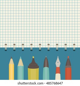 Collection of writing tools. Pens and pencils over notebook background.  Vector illustration with clipping mask
