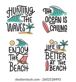 Collection of written phrases, slogans or quotes with beach elements