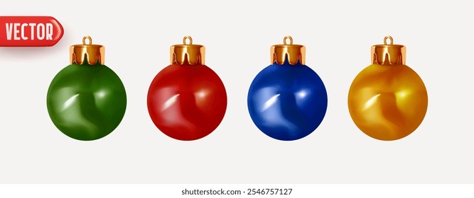 Collection of Xmas decorative festive ornaments in the form of balls. Set of Christmas and New Year tree decorations multi colored balls. Realistic 3d design. vector illustration