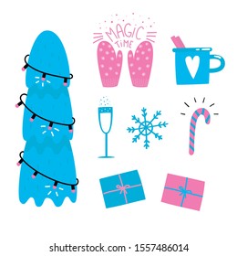 Collection of xmas elements for greeting card desing. Stickers. Christmas tree, champagne, snowflake, cinnamon tea, candy cane, mittens, presents. Vector illustration.