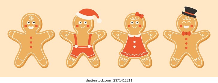 Colección de pan de gallina de Navidad, hombre y mujer de estilo plano. Galletas y dulces caseros de Navidad. Ilustración del vector