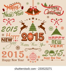 Collection of X-mas ornaments with stylish typographic elements for Happy New Year 2015 and Merry Christmas celebrations.