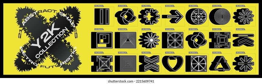 Collection of Y2K elements. Collection of abstract graphic geometric symbols. Abstract bauhaus and boho cosmic style. Glitch brutalism shapes. Vector illustration