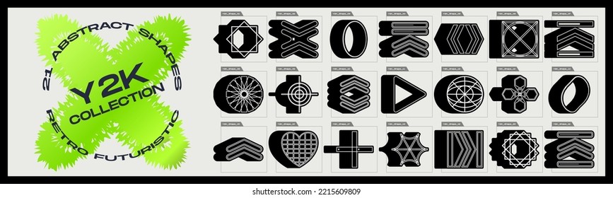 Collection of Y2K elements. Collection of abstract graphic geometric symbols. Objects in y2k style. Style 80s 90s. Vector illustration