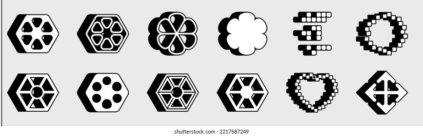 Colección de elementos Y2K. Colección de símbolos geométricos gráficos abstractos. adornos decorativos. Colección de iconos. Ilustración del vector