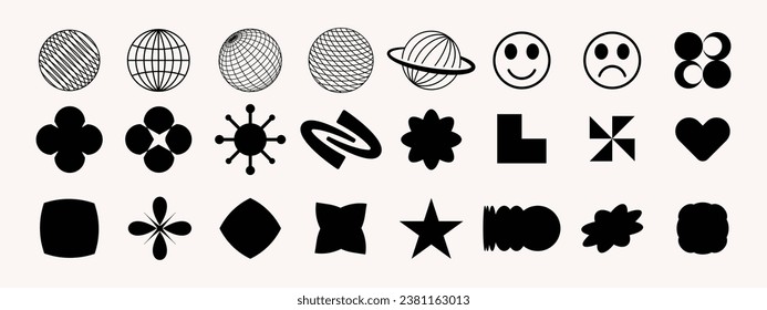 Colección de elementos Y2k. Elementos de Bauhaus. Formas abstractas geométricas en un estilo mínimo. Brutalismo formas básicas pegatinas En diseño gráfico estilo Y2k