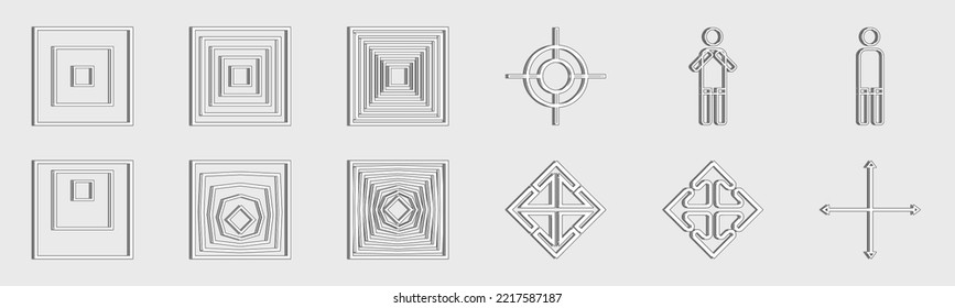Collection of Y2K elements. Big collection of abstract graphic geometric objects. Abstract bauhaus and boho cosmic style. Icons Collection. Vector illustration