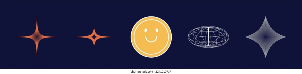 Collection of Y2K elements. Big collection of abstract graphic geometric symbols. For modern T-shirts designed. Stars, starburst . Vector illustration