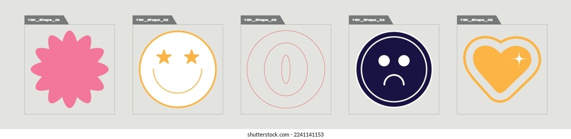 Collection of Y2K elements. Big collection of abstract graphic geometric symbols. Elements for graphic decoration. Stars, starburst . Vector illustration