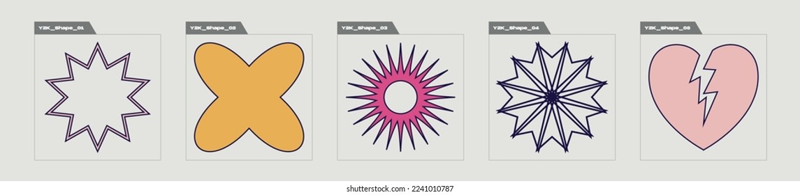 Collection of Y2K elements. Brutalism star and flower shapes. Cyberpunk elements. Isolated on black background. Vector illustration