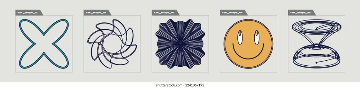 Collection of Y2K elements. Brutalism star and flower shapes. Templates for notes, posters. Retro Futurist. Vector illustration