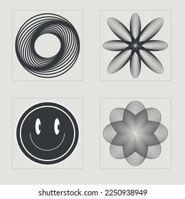 Collection of Y2K elements. Brutalism star and flower shapes. Modern abstract forms. Isolated on black background. Vector illustration