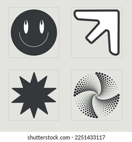 Collection of Y2K elements. Brutalism star and flower shapes. Cyberpunk elements. Anti-design. Vector illustration