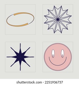 Collection of Y2K elements. Brutalism star and flower shapes. Templates for notes, posters. Projects, posters, banners. Vector illustration