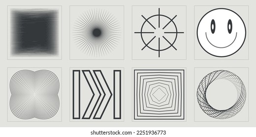 Collection of Y2K elements. Brutalism star and flower shapes. Templates for notes, posters. Isolated on black background. Vector illustration