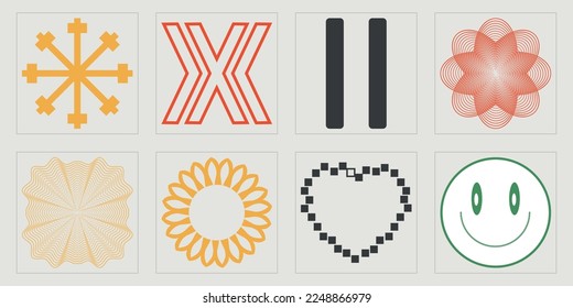 Collection of Y2K elements. Extraordinary Graphic Assets. Objects in y2k style. Isolated on black background. Vector illustration