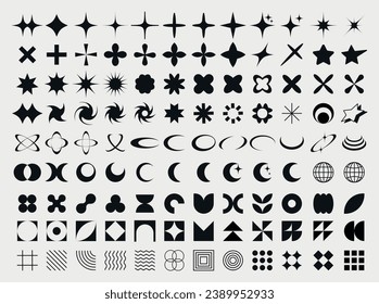 Sammlung von Y2k-Elementen. Geometrisches Brutalismus Bauhause Formen Aufkleber In Y2k Stil Grafik Design y2k Paket Set von geometrischen Formen Satz von Schwarz-Weiß-Symbole , futuristisch, Memphis.
