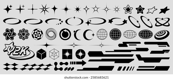Collection of Y2K elements, including futuristic shapes, stars, globes, cyber typography, and abstract geometric symbols. Perfect for retro-futuristic banners, ads, stickers, posters, and logos.