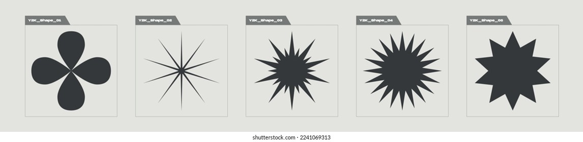 Collection of Y2K elements. Large set of retro objects for design. Cyberpunk elements. Stars, starburst . Vector illustration